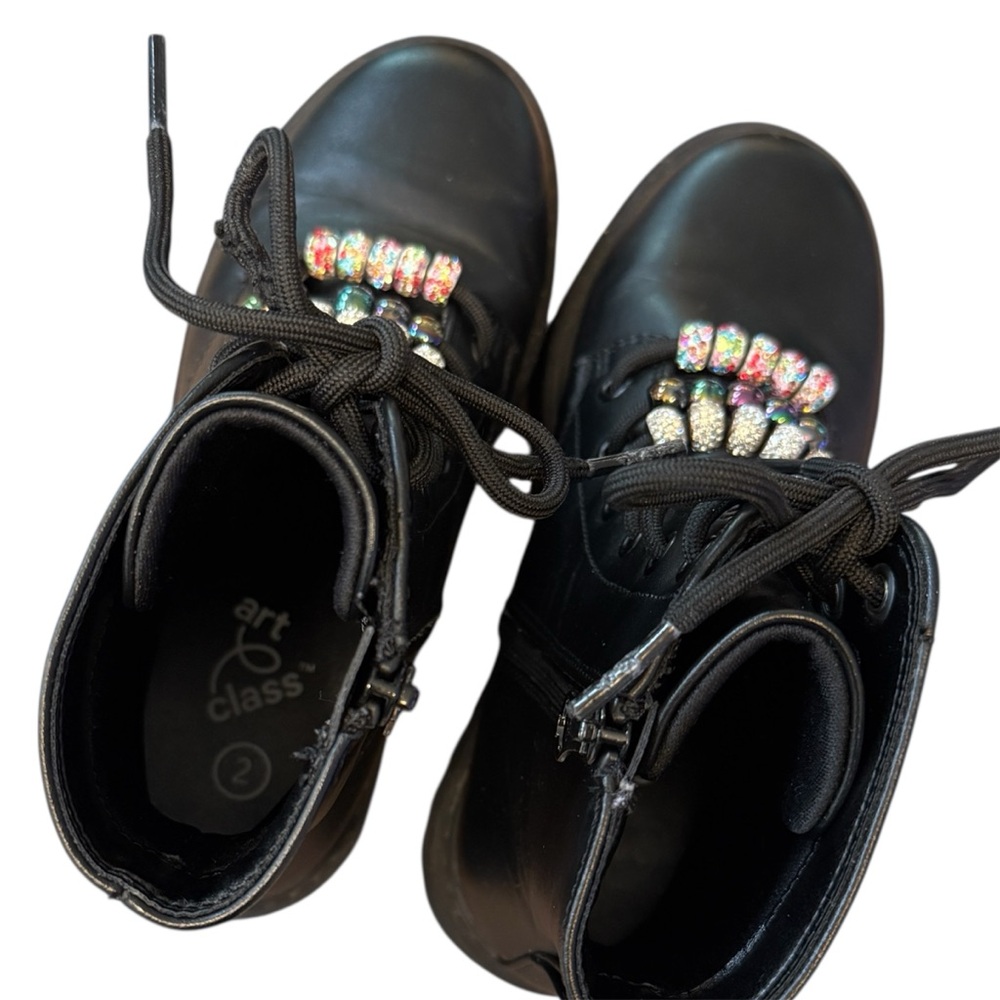 Black Zip-Up Combat Boots with Laces & Decorative Bead Accents Size 2 Girls - Picture 2 of 6